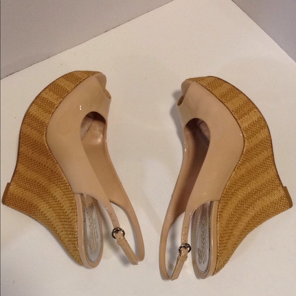 Gucci Shoes - Gucci Nude Patent Sling Back Peep Toe Wedges